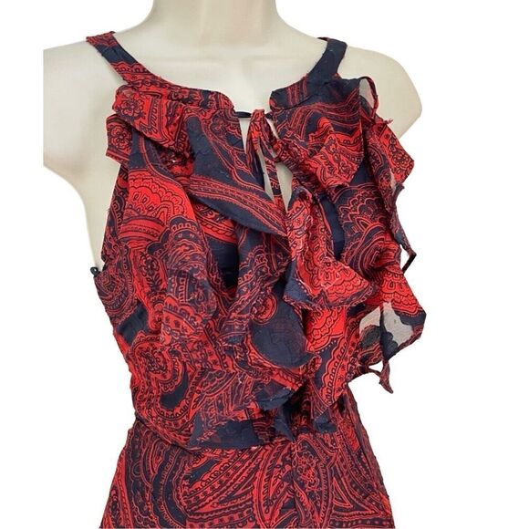 NWT Tommy Hilfiger Woman's Classy Red & Navy Blue Paisley Ruffle Midi A-line Dre - Picture 2 of 9